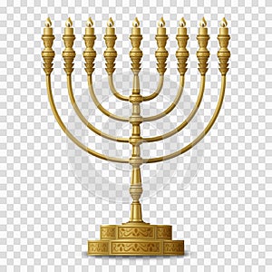 Gold colored Hanukkah menorah, nine-branched candelabrum. Vector illustration.