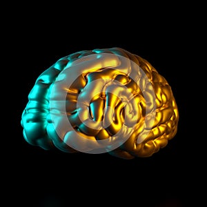 Gold colored human brain, 3d rendered image