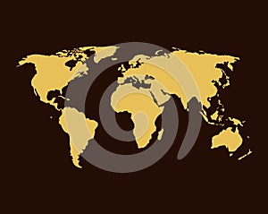 Gold colored map design isolated on brown background of World map - vector