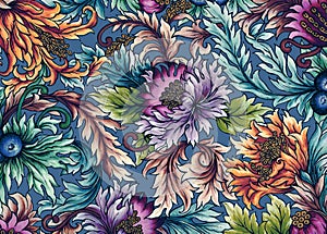 Gold and colorful vintage Blossom botanical paisley damask ethnic abstract flower Luxury background stock illustration Persian blu