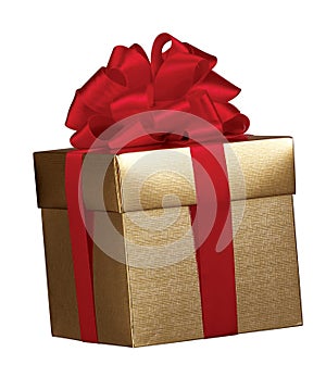 Gold colour gift box with red ribbon