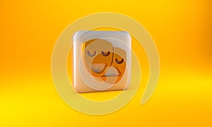Gold Comedy and tragedy theatrical masks icon isolated on yellow background. Silver square button. 3D render