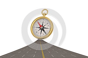 Gold compass with highway isolated on white background. 3D illustration