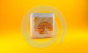 Gold Computer monitor and folded map with location marker icon isolated on yellow background. Silver square button. 3D