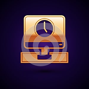 Gold Computer monitor time icon isolated on black background. Electronic device. Front view. Vector