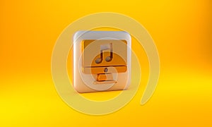 Gold Computer with music note symbol on screen icon isolated on yellow background. Silver square button. 3D render