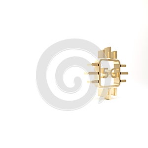 Gold Computer processor 5G with microcircuits CPU icon isolated on white background. Chip or cpu with circuit board