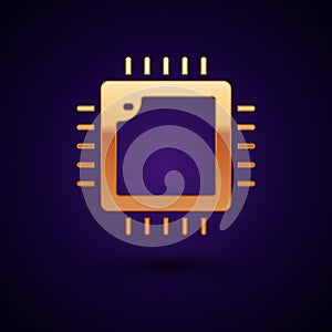 Gold Computer processor with microcircuits CPU icon isolated on black background. Chip or cpu with circuit board. Micro