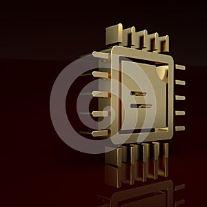 Gold Computer processor with microcircuits CPU icon isolated on brown background. Chip or cpu with circuit board. Micro