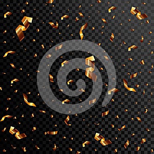Gold confetti celebration. Golden serpentine confetti at party on black background.