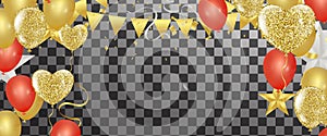 Gold confetti celebration party banner with Gold balloons background anniversary graduation retirement holiday
