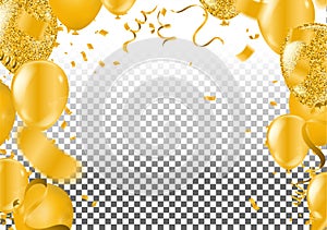 Gold confetti celebration party banner with golden balloons and serpentine