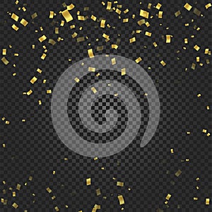 Gold confetti falling and ribbons on black transparent background vector illustration. Party, festival, fiesta design