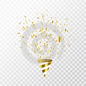 Gold confetti flying on transparent background. Party cracker with golden confetti, serpentine. Bright festive tinsel. Party