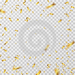 Gold confetti. Golden yellow ribbons flying down glitter isolated. Wedding party christmas background