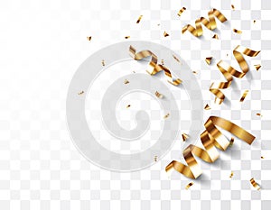 Gold confetti and ribbon banner, isolated on transparent background