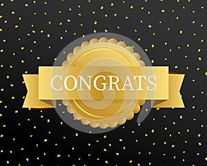 Gold congrats in gold frame with black and gold ribbon. Vector stock illustration