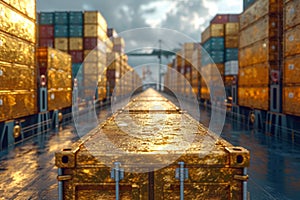 Gold containers with cargo in the port before shipment