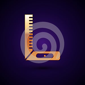 Gold Corner ruler icon isolated on black background. Setsquare, angle ruler, carpentry, measuring utensil, scale. Vector