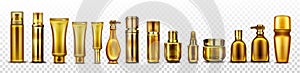 Gold cosmetic bottles mockup, cosmetics tubes set