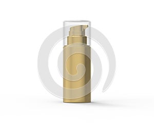 Gold cosmetics jar with lid and dispenser. clear glass bottle spray isolated on white background, 3D rendering,