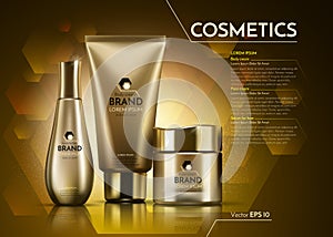 Gold Cosmetics Vector realistic package ads template. Face and body cream products bottles. Mockup 3D illustration