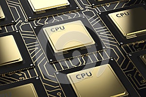 Gold cpu chips in a row