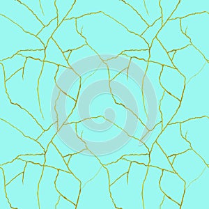 Gold cracks on azure blue seamless pattern - kintsugi concept, golden crinkles, broken pottery texture