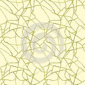 Gold cracks on beige seamless pattern - kintsugi concept, golden crinkles, broken pottery or howlite stone texture