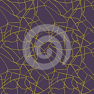 Gold cracks on dark purple background - seamless pattern - gold crinkles on broken pottery or stone texture