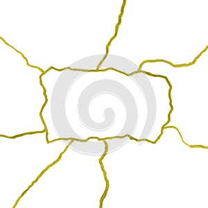 Gold cracks on white background banner template - kintsugi concept illustration, golden crinkles, broken pottery texture