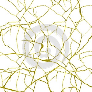 Gold cracks on white background seamless pattern - kintsugi concept, golden crinkles, broken pottery texture