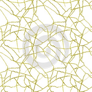 Gold cracks on white seamless pattern - kintsugi concept, golden crinkles, broken pottery or howlite stone texture