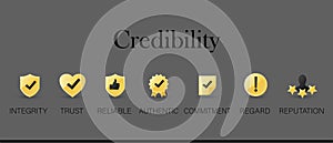 gold credibility icon infographic symbol set. banner of credibility, integrity, trust