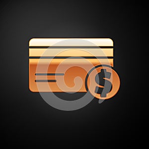 Gold Credit card and dollar symbol icon isolated on black background. Online payment. Cash withdrawal. Financial