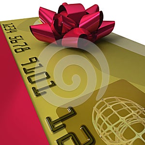 Gold credit card with fancy red ribbon