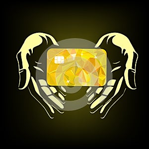 Gold credit card in hands. SHOTLISTbanking. hand drawing. Not AI, Vector illustration