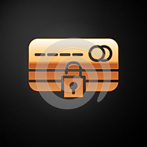Gold Credit card with lock icon isolated on black background. Locked bank card. Security, safety, protection. Concept of