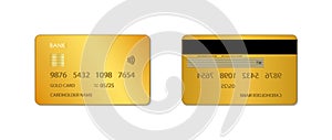 Gold credit card. Mockup of golden bank card. design of vip plastic card. Template of realistic debit card with chip. Icon for