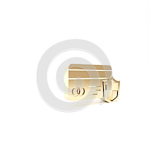 Gold Credit card with shield icon isolated on white background. Online payment. Cash withdrawal. Financial operations