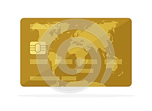 Gold credit card with world map image isolated on white background. Flat vector illustration