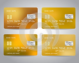 Gold credit cards vector set with colorful abstract golden design background