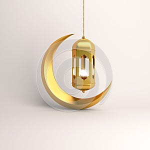 Gold crescent moon and arabic hanging lamp on white background studio lighting.