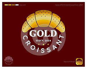 Gold Croissant emblem. Identity. Text and gold croissant into a circle. Identity. App button.