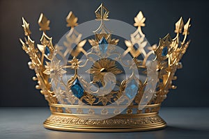 Gold crown with blue gems on a dark background. generative ai