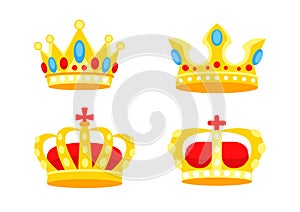 Gold crown. Crowning headdress for king and queen. Golden royal jewelry. Vector illustration