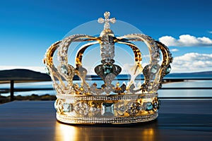 a gold crown with diamonds and blue gems