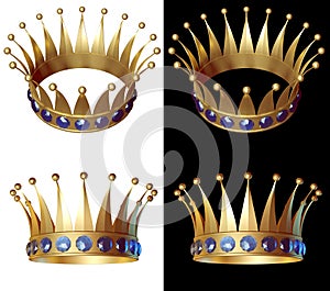 Gold crown in different angles encrusted with sapphires. Isolated on a white and black background.