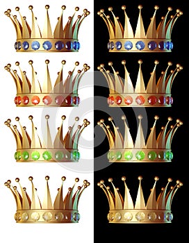 Gold crown encrusted with precious stones or gems. Isolated on a white and black background