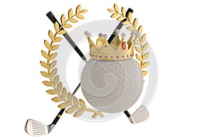 Gold crown on golf ball and golden olive branch isolatedon white